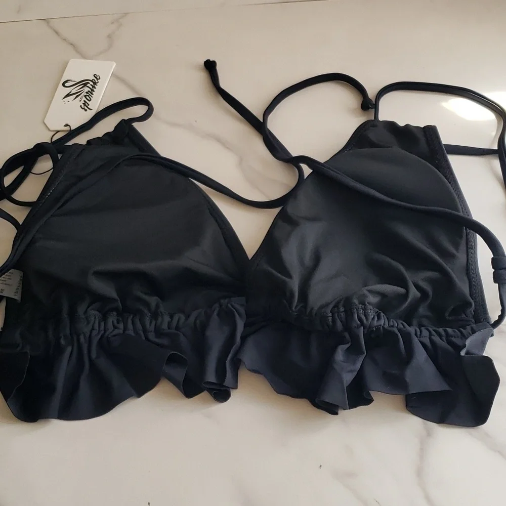 SPORLIKE Ruffle V Neck High Waisted Bikini in Black Size XL